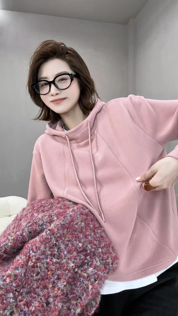 月月 2025冬季新款小众设计磨毛加厚茧型宽松连帽卫衣 2510C7026