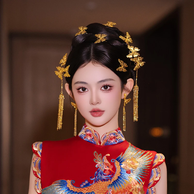 合金婚庆饰品 新中式旗袍国风蝴蝶发簪套装新娘造型头饰品MF2446