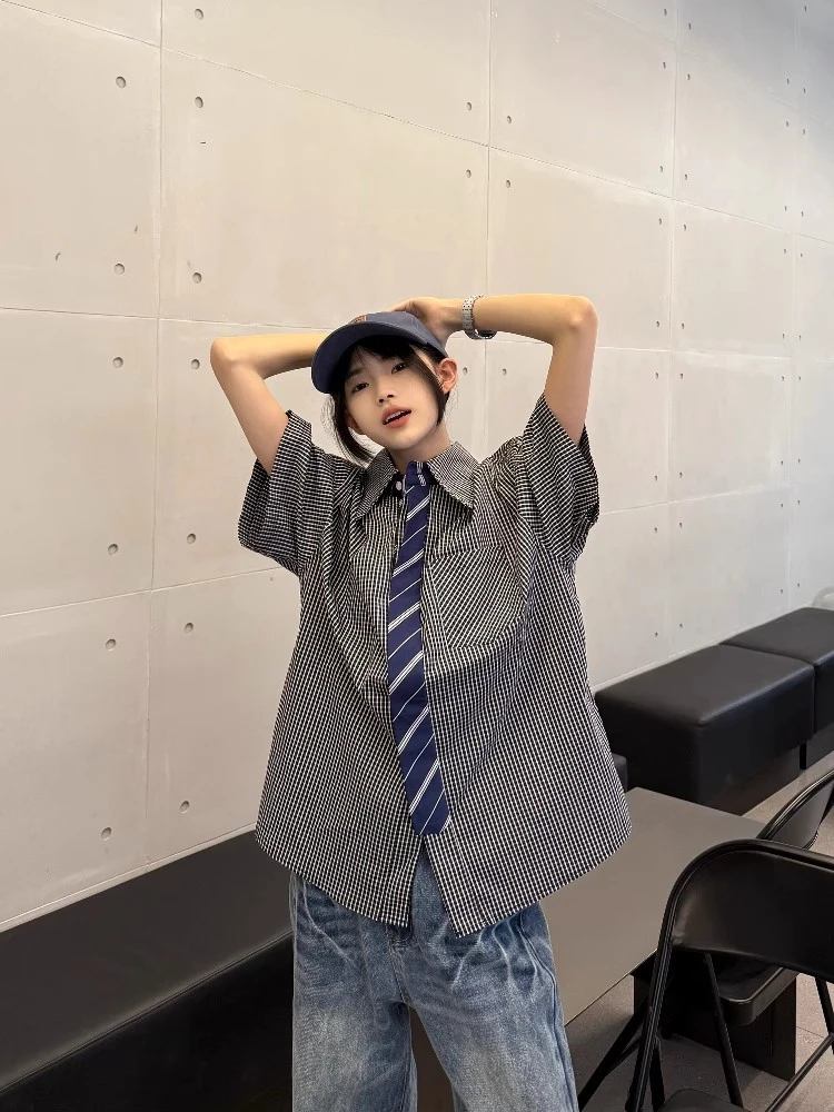 A1MP美式复古假领带设计老钱风格子衬衫男女短袖夏季休闲宽松衬衣