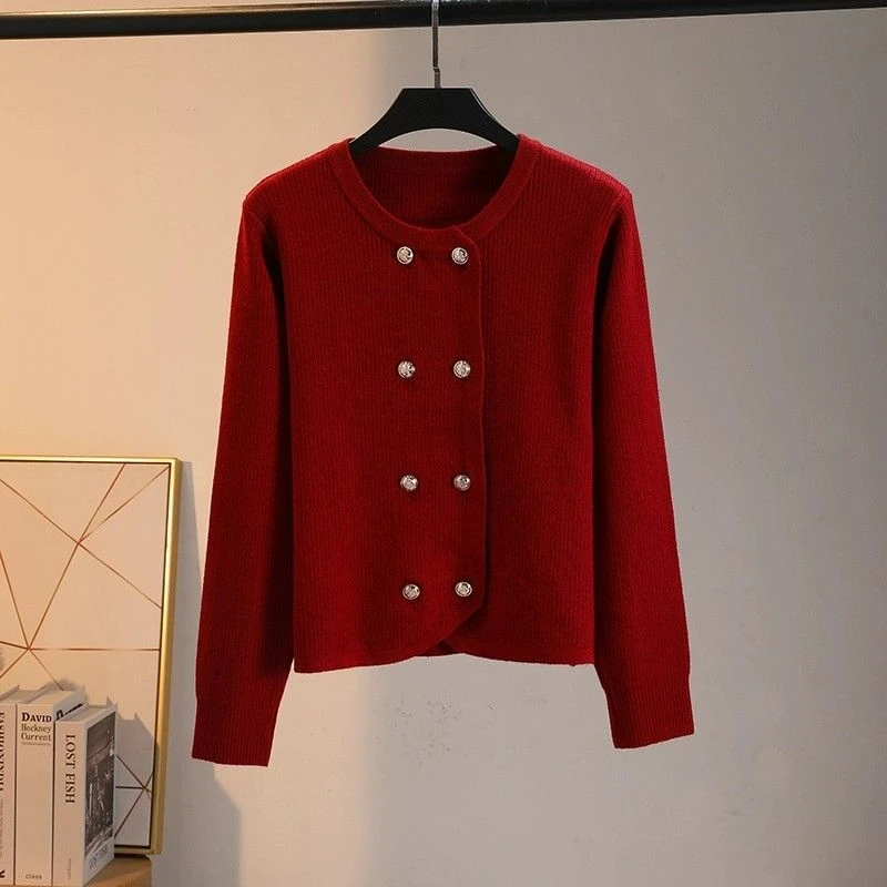 韩版秋冬季双排扣小香F针织棉开衫女短款高级感时尚纯色毛衣外套