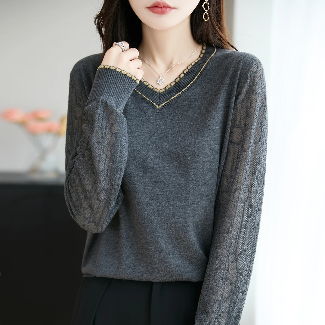 胖mm春秋大码女士毛衣遮肚子巨显瘦蕾丝上衣内搭高级感针织打底衫