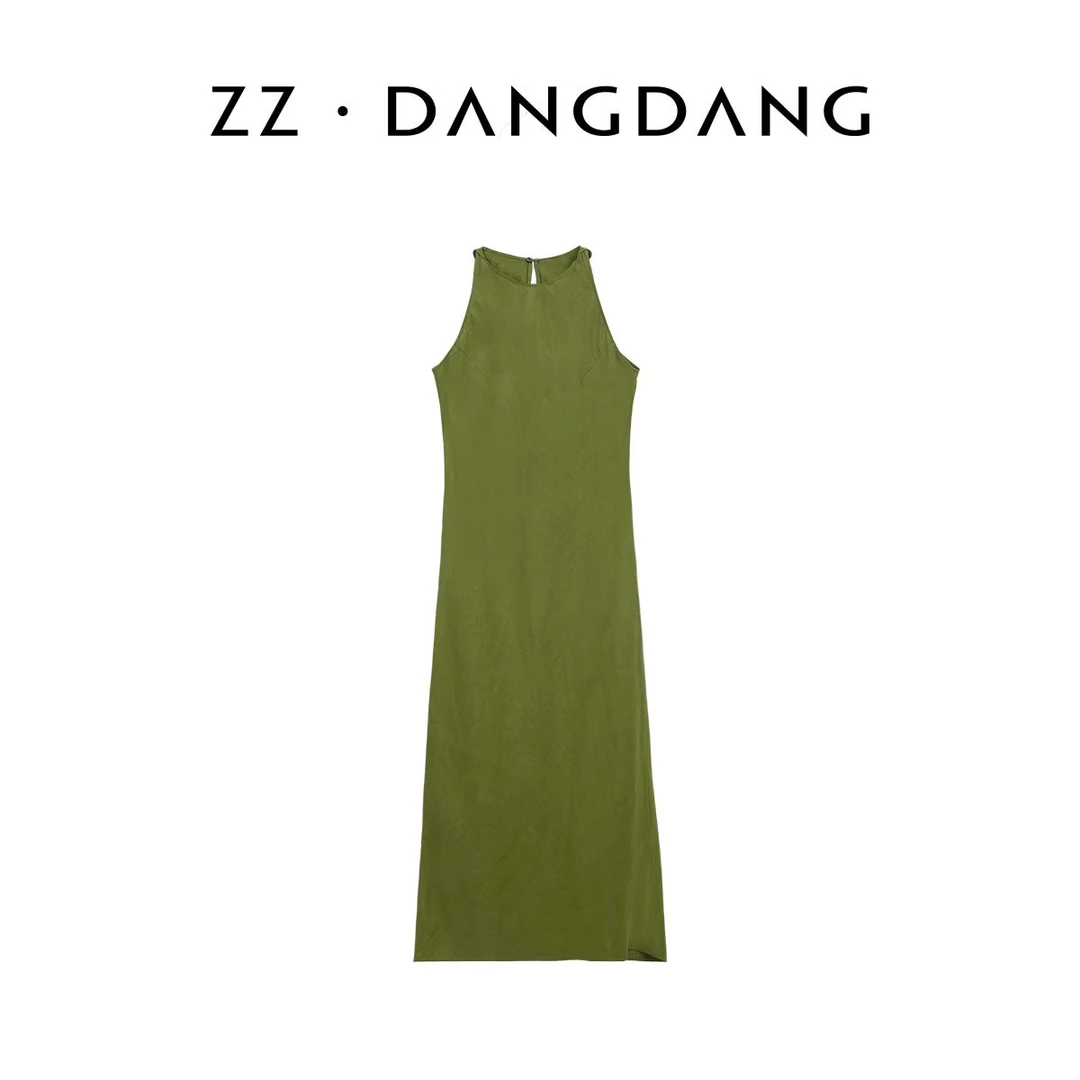 ZZ·DANGDANG春夏100汉麻无袖青草绿后开衩连衣裙长裙优雅13423119