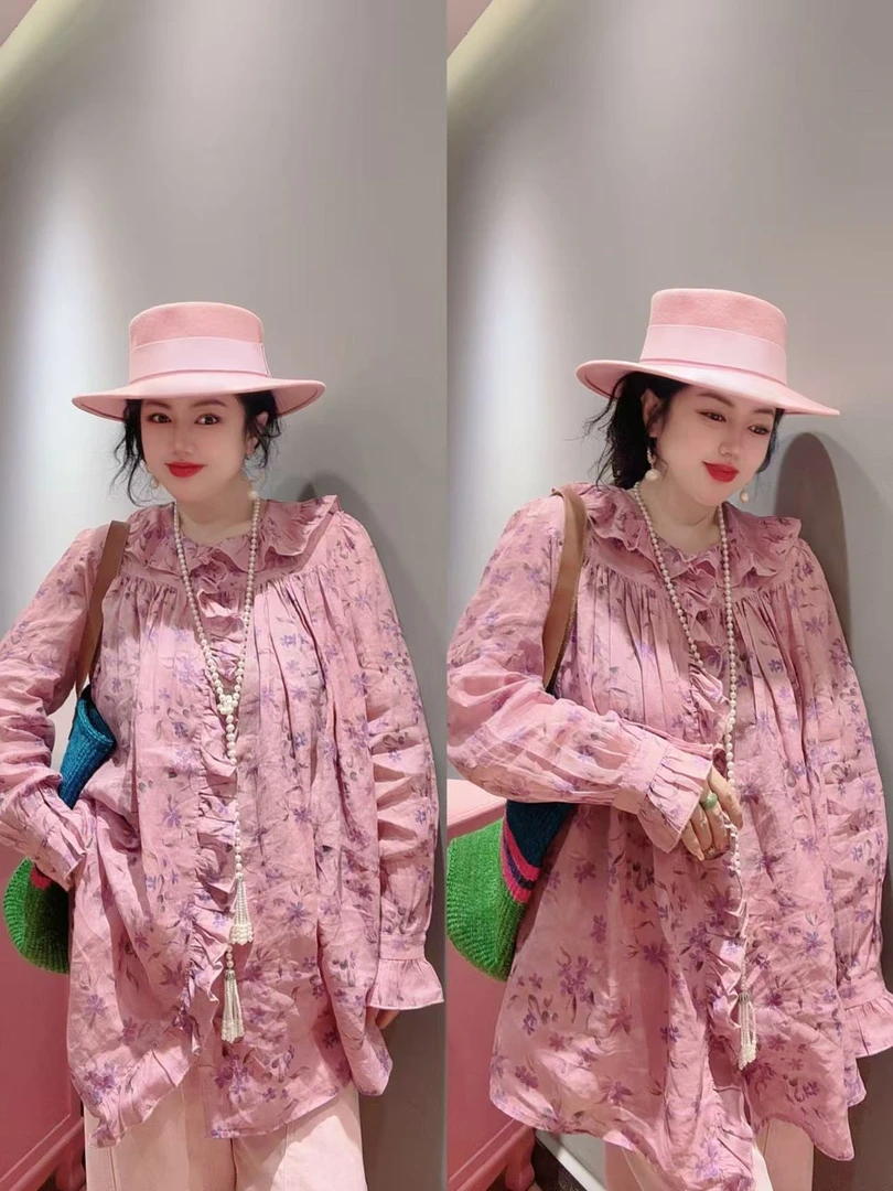 臭朵朵家 碎花麻料宽松洋气小衫时尚遮肚子荷叶边上衣