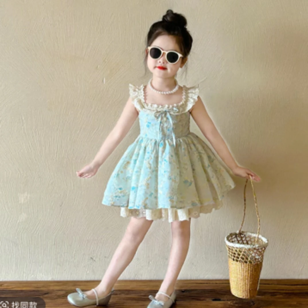 女童碎花小飞袖连衣裙2025夏季新款小女孩甜美公主裙韩版度假风裙