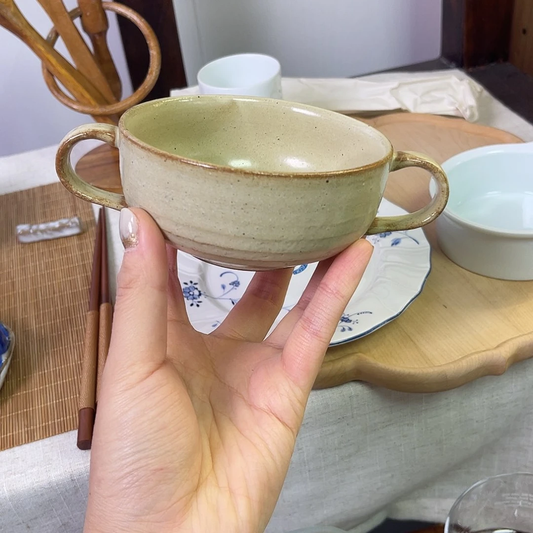 瓷片奶茶色双耳钵子16