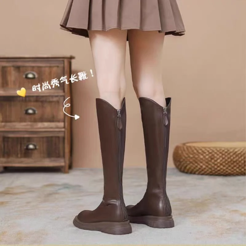 显瘦长筒靴女春秋2025新款厚底高筒单靴平底不过膝长靴复古英伦风