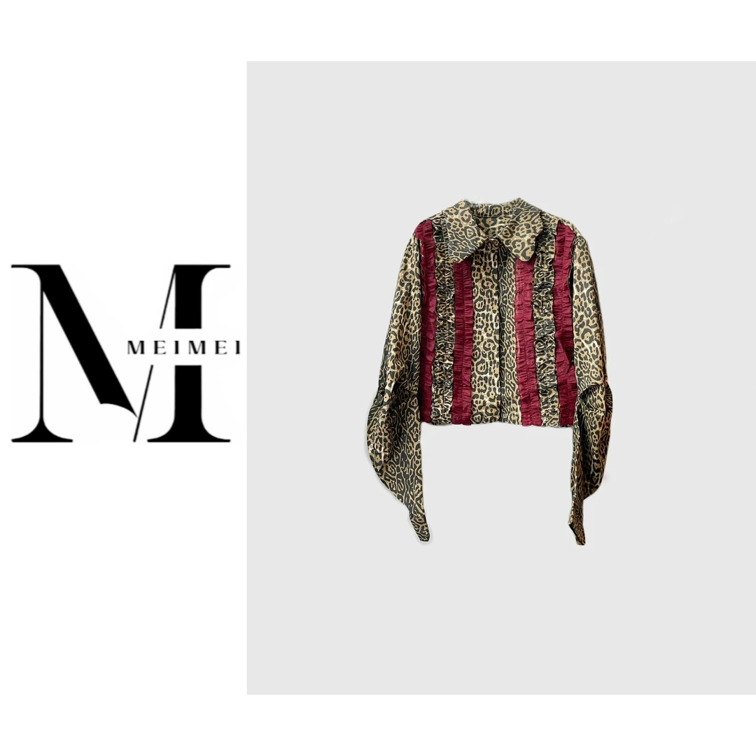 豹纹拼接红色木耳边衬衣