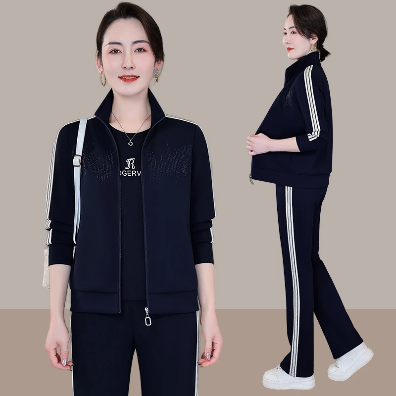 恩狐2025春季新款运动套装女开衫外套春秋宽松休闲跑步服三件套
