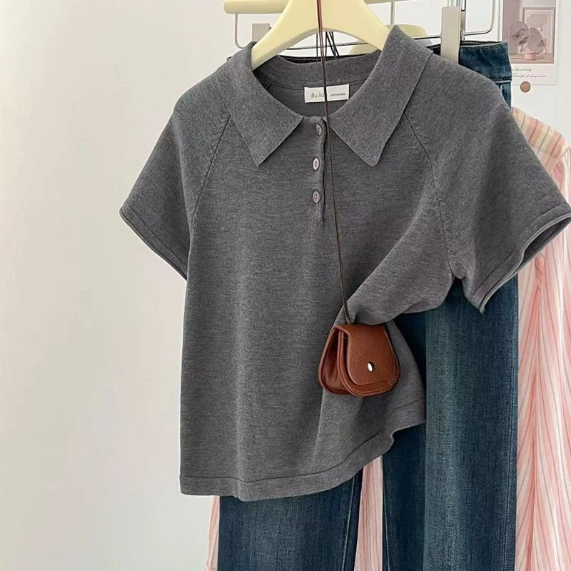 大码灰色正肩polo领冰丝短袖T恤女夏季宽松显瘦洋气翻领针织上衣