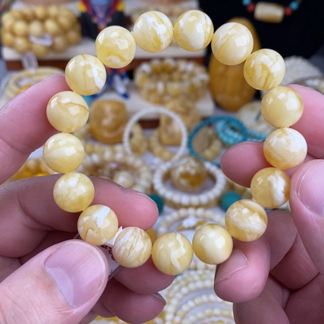 欣***荣蜜蜡未镶嵌手链瓷白细纹虎皮纹12.3mm圆珠