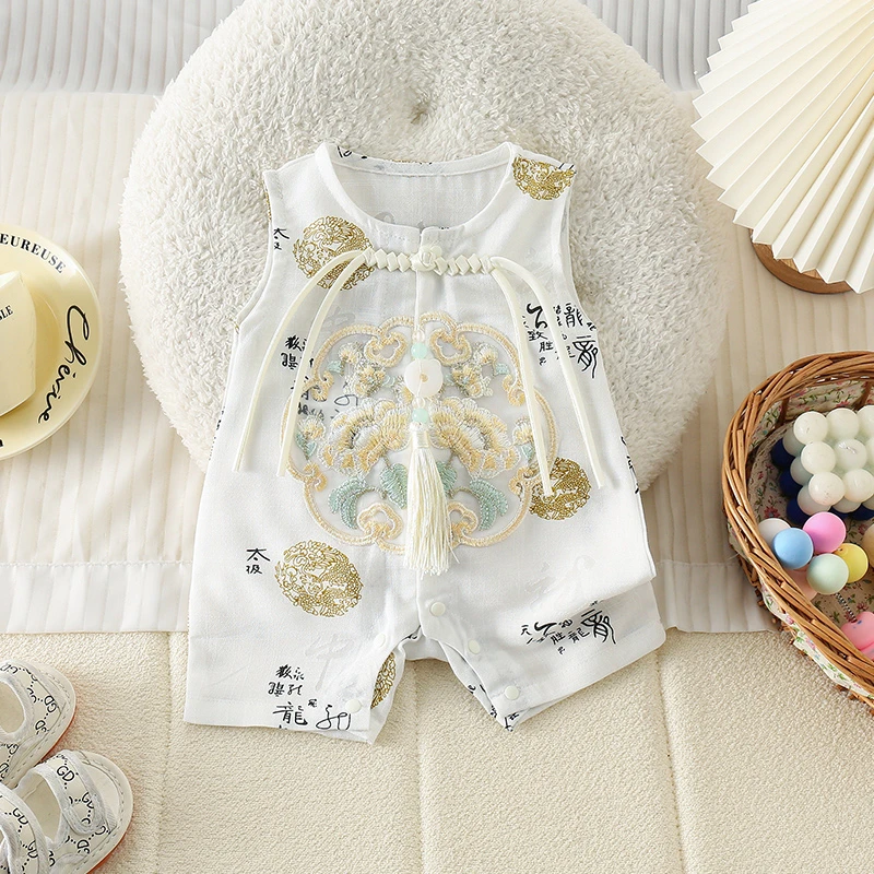 HD婴儿夏装哈衣新中式中国风爬服无袖太极福男宝宝连体衣ZPX4264