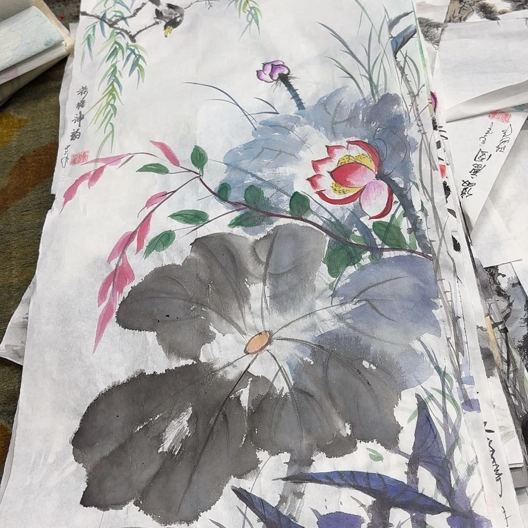 国画四尺四开花鸟童