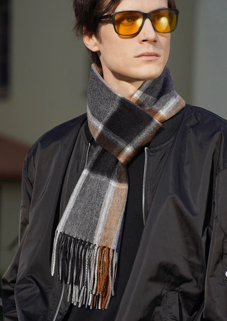 山羊绒水波纹围巾女欧美风保暖格子围巾商务/OL韩版男友风极简风