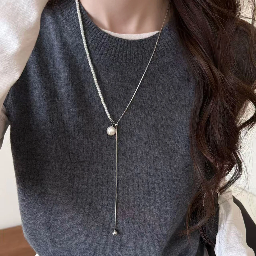铜合金项链 高级感可抽拉珠珠项链女小众气质长款毛衣链秋冬配饰