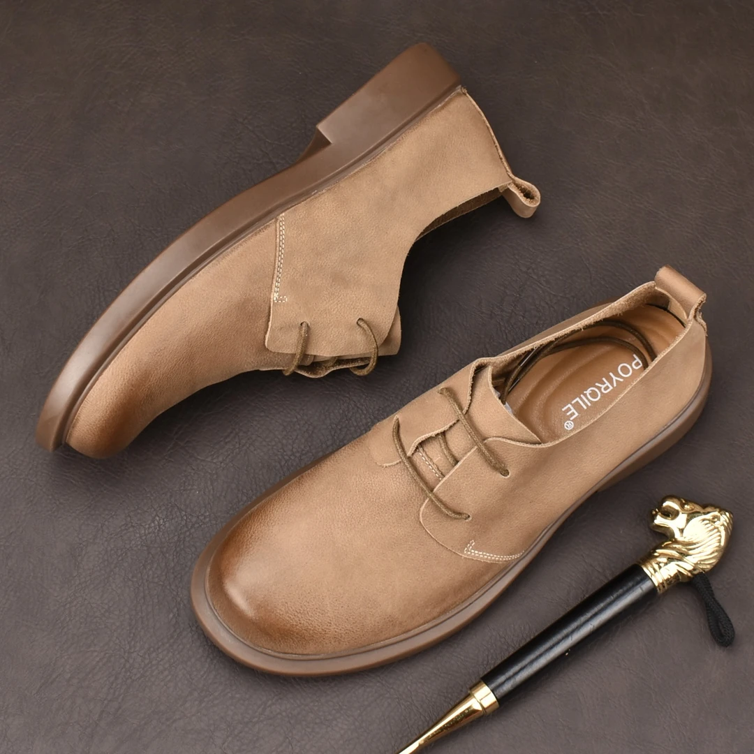 新款休闲皮鞋男鞋复古宽头真皮透气牛皮软底软皮男士系带百搭鞋子