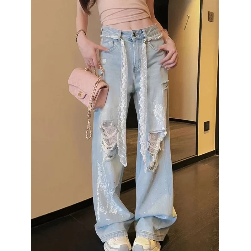 韩版破洞蕾丝2025年春夏新款直筒牛仔裤女设计阔腿宽松炸街阔腿裤