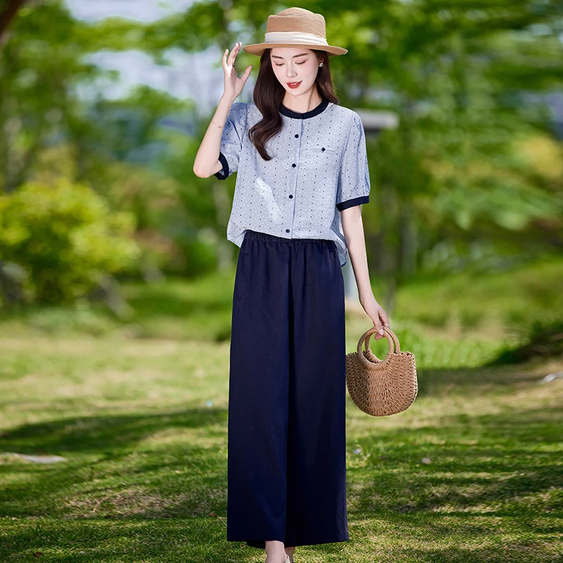 时尚气质套装女夏季2025年新款妈妈宽松休闲条纹衬衫阔腿裤两件套