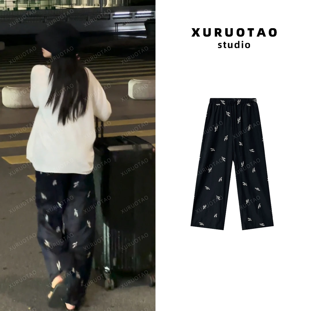 XURUOTAO 【私服刺绣裤】亚麻棉重工设计显瘦藏蓝色休闲裤 T5452