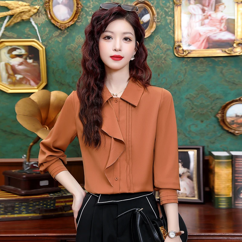 常规小众泡泡袖雪纺衫女春季新款POLO领气质时尚洋气百搭长袖衬衣