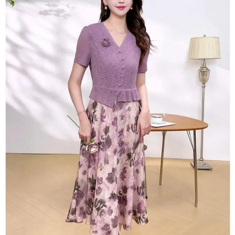 时尚妈妈夏装气质连衣裙中老年女假两件新款洋气V领短袖碎花裙子