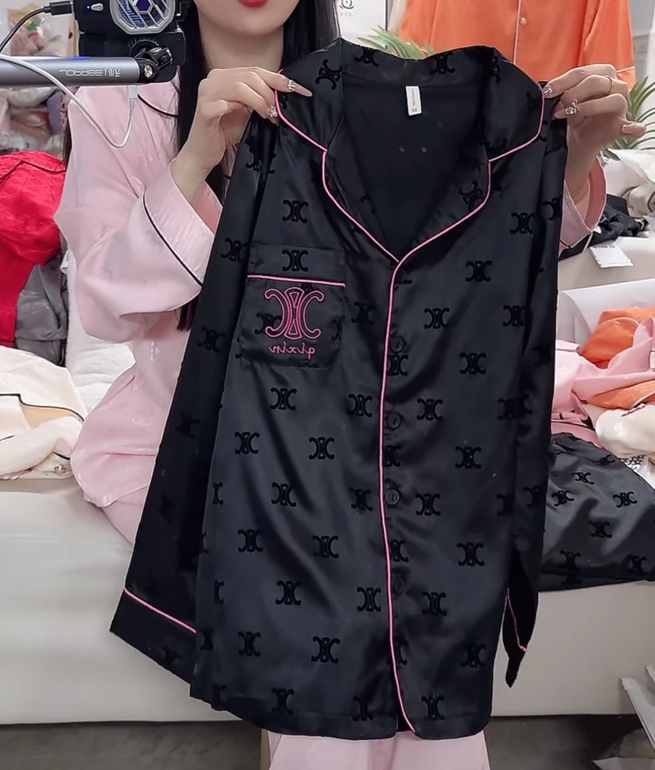 琦欣冰雪丝黑凯旋长袖长裤不带胸垫家居服舒适春秋款睡衣套装时尚