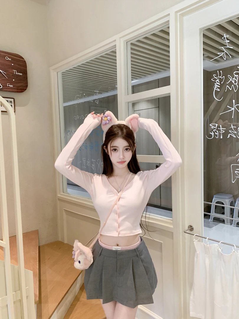 【梦中情裙】纯欲风早秋季新款少女系V领显瘦针织上衣女+半裙裤裙