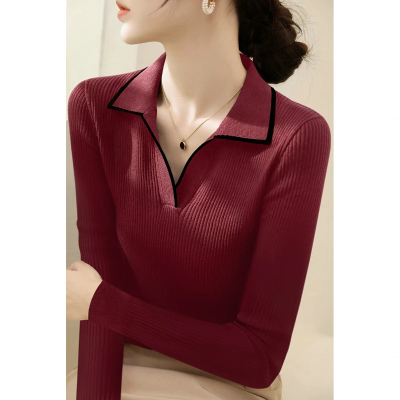 2025秋季内搭POLO领修身显瘦毛衣新款长袖拼色女装针织衫打底上衣