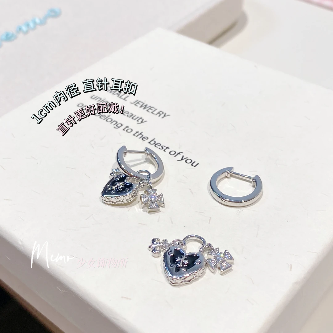 铜合金锆石耳饰 E488 暗黑十字锁 设计感十字架直针耳扣