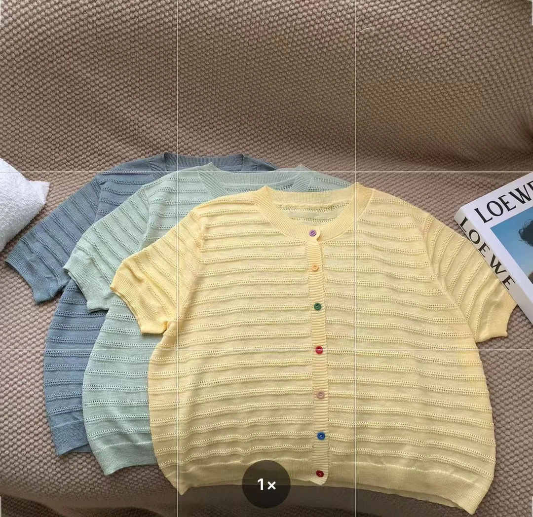 素心轻奢 2025夏季新款时尚彩色纽扣开衫圆领短袖麻料开衫女13148