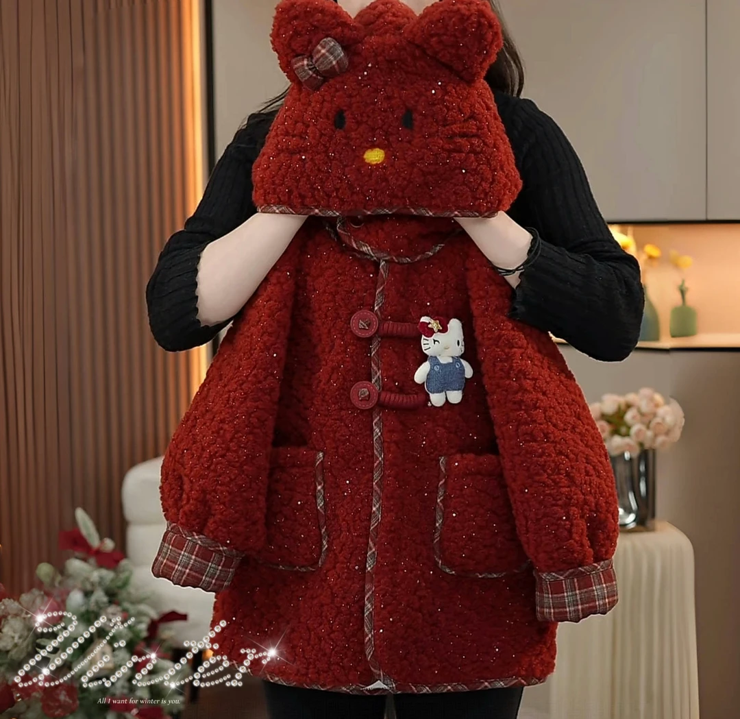 女童加绒毛毛衣外套2025新款秋冬款卡通中长款加厚羊羔绒保暖大衣