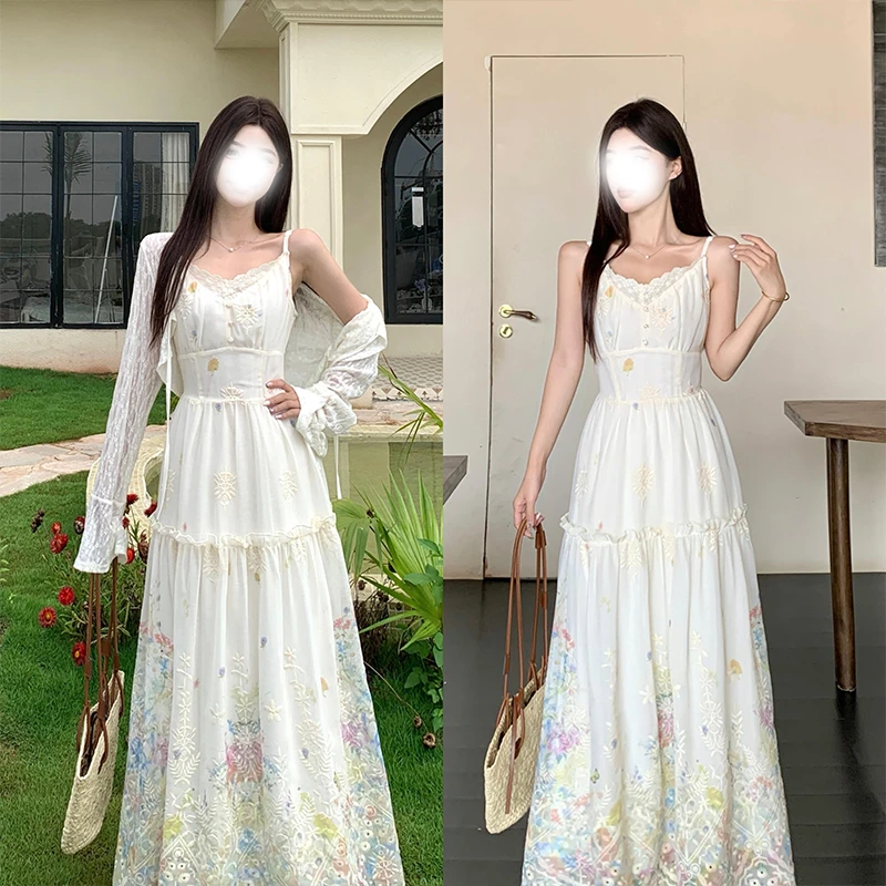 夏季搭配凉感透气蕾丝短款开衫搭配大码法式绣花吊带连衣裙两件套