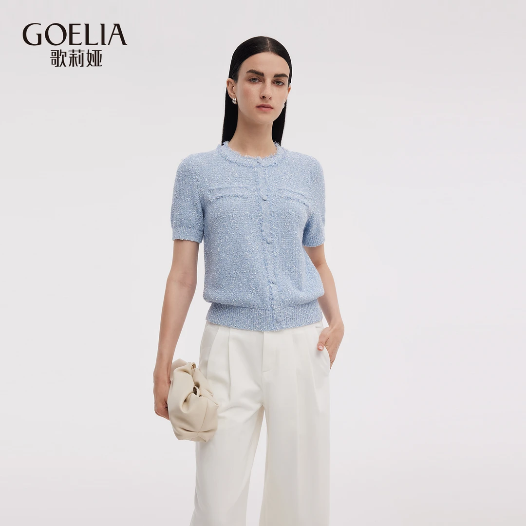 歌莉娅新品小香风毛织套头衫打底蓝色短袖针织衫通勤1E7C5G750