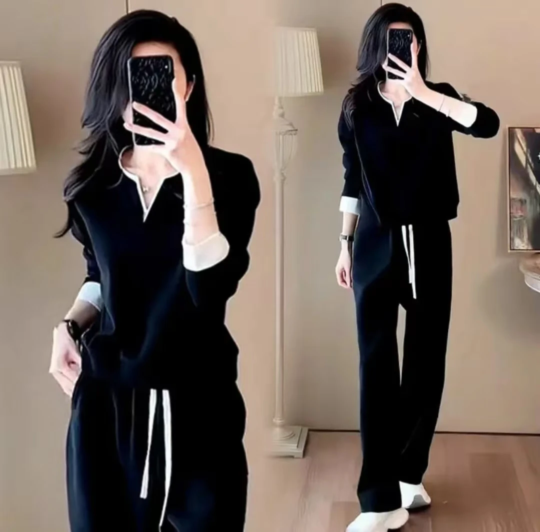 5188休闲风运动套装女2025秋冬加绒韩版V领宽松卫衣时尚两件套