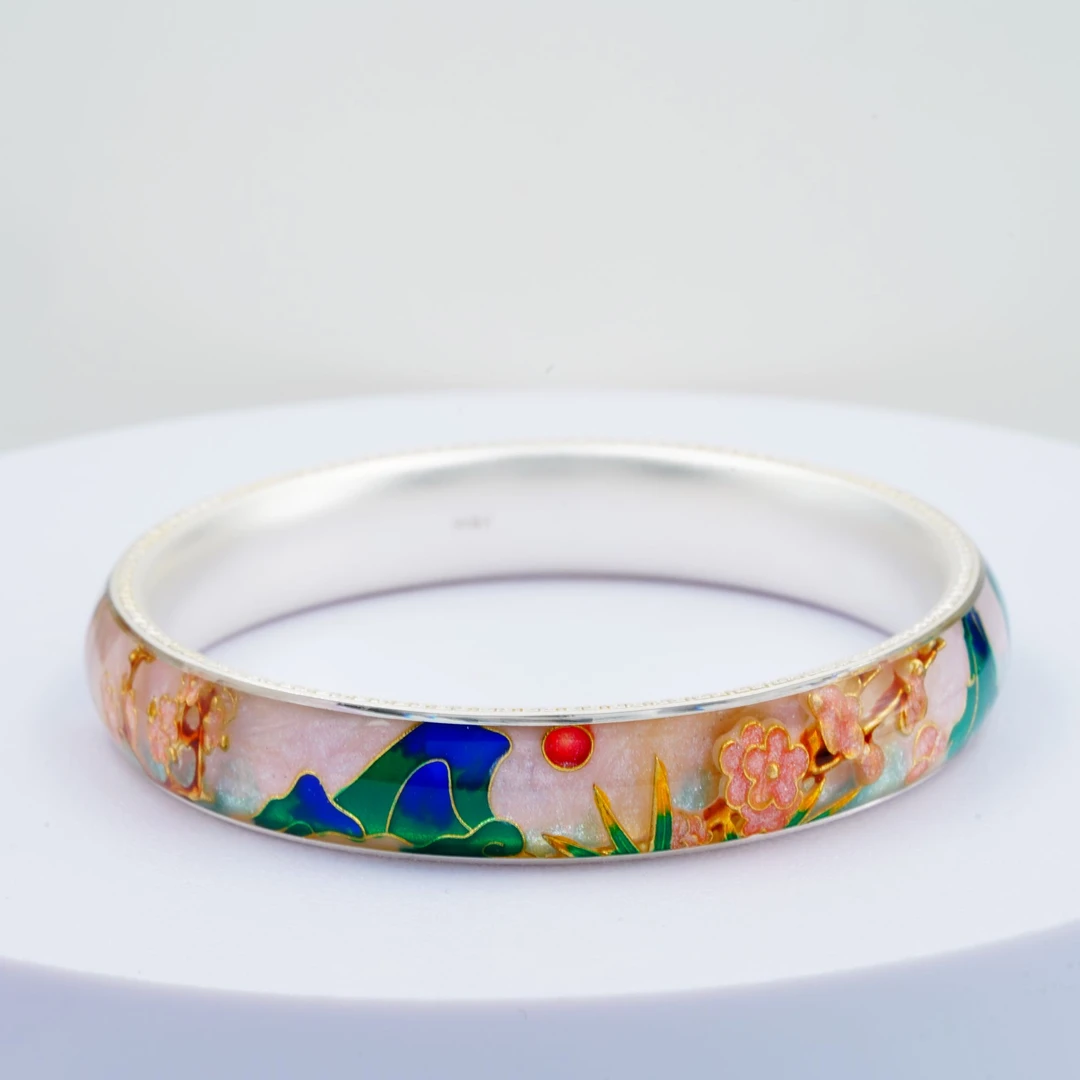 足银珐琅银制品 足银999喜上眉梢拍平珐琅手镯气质百搭