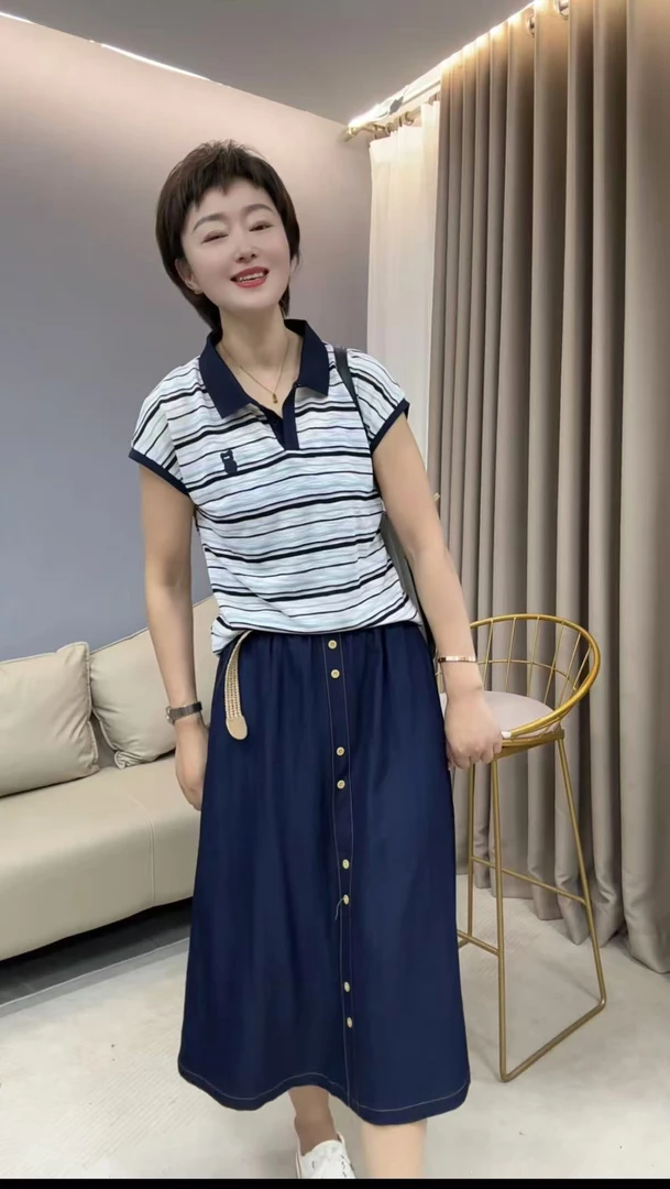 【女王团精选】2570条纹休闲风针织时尚套装牛仔INS风套装