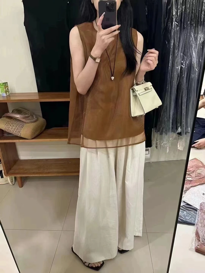 【湘湘定制】法式轻薄网纱拼接无袖衬衫女夏新款宽松高级感气质坎肩