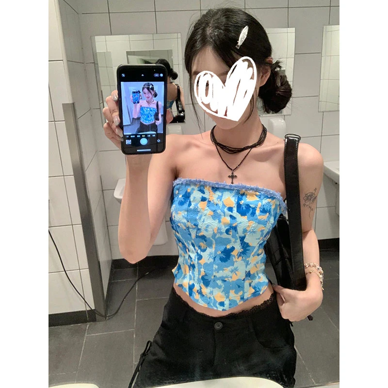 蓝色碎花抹胸背心短款气质甜辣风新款设计感上衣宽松工装裤两件套