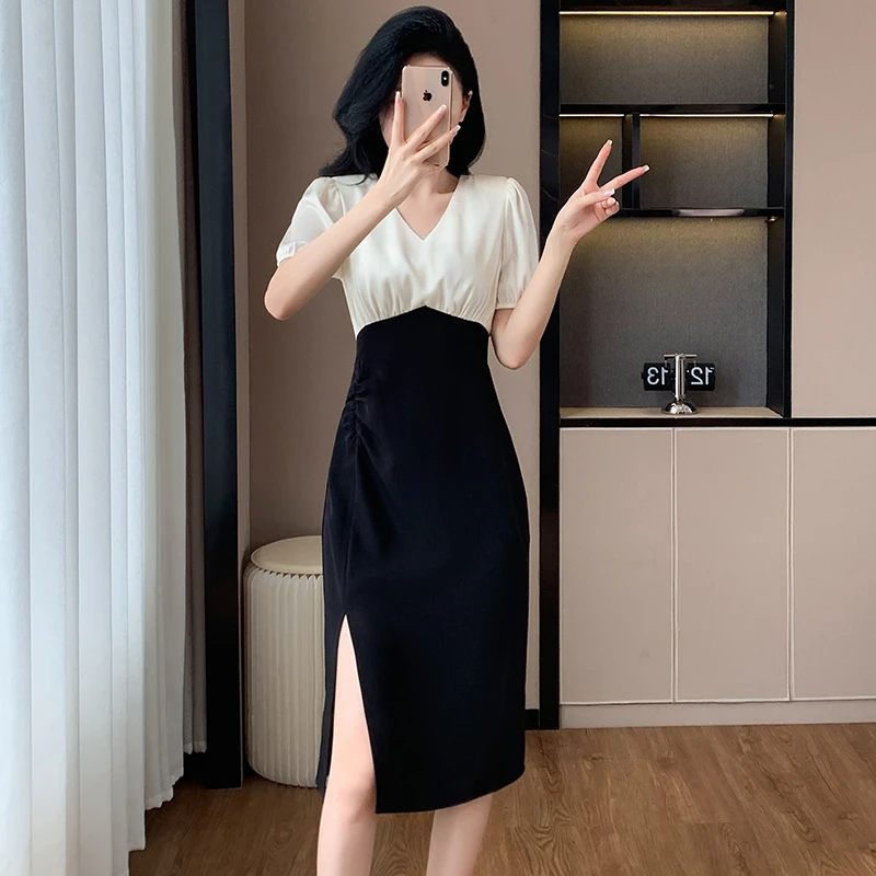 夏季名媛气质女神范茶歇中长拼接裙法式淑女开叉连衣裙