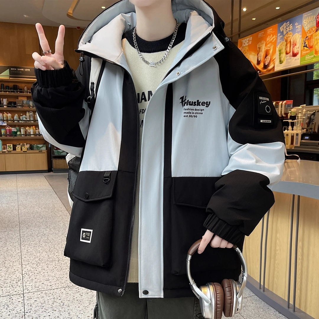 男士外套秋冬季新款潮牌拼接工装夹克男装潮流加绒加厚户外冲锋衣