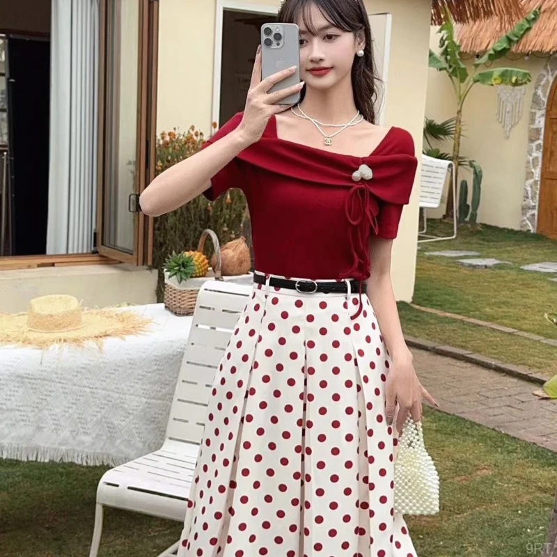 Opeodly中长裙廓形裙系扣高腰褶皱连衣裙显瘦夏装露肩女装收腰