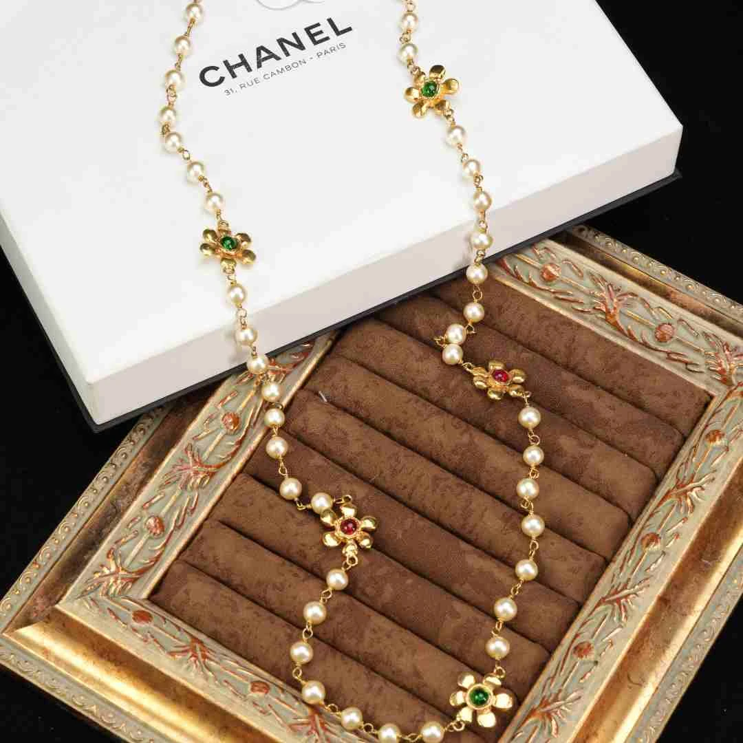 95新 Chanel/香奈儿 柚礼中古/香奈儿红绿琉璃花朵珍珠项链xp