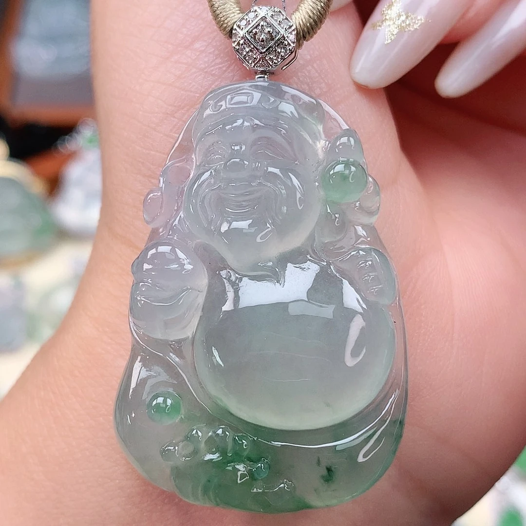 颈饰18K金镶嵌翡翠财神爷