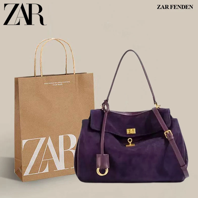 ZAR FENDEN女包轻奢高级感磨砂皮巴西莓紫托特包包女2025秋冬新款