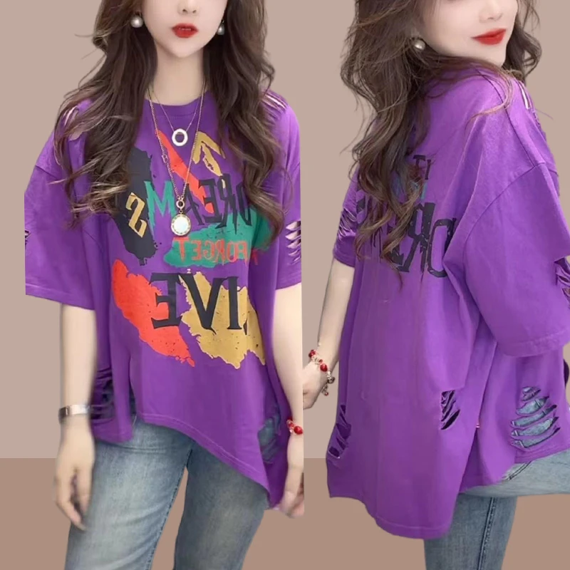 短袖T恤爆款2025新款时尚款洋气遮肚子藏肉上衣加宽加大欧货衣服