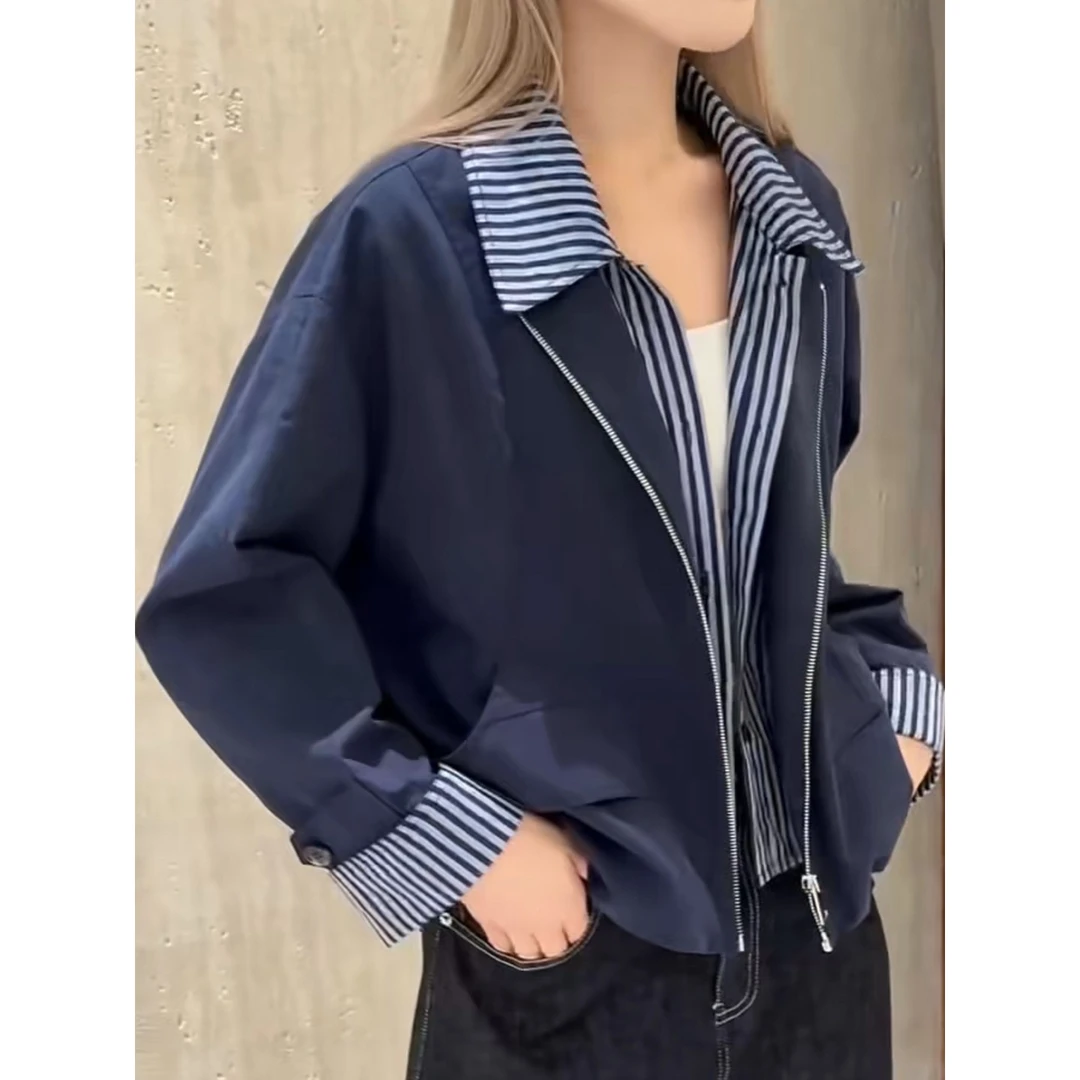 2025春秋新款休闲百搭宽松显瘦翻领短款外套女假两件拼接夹克上衣