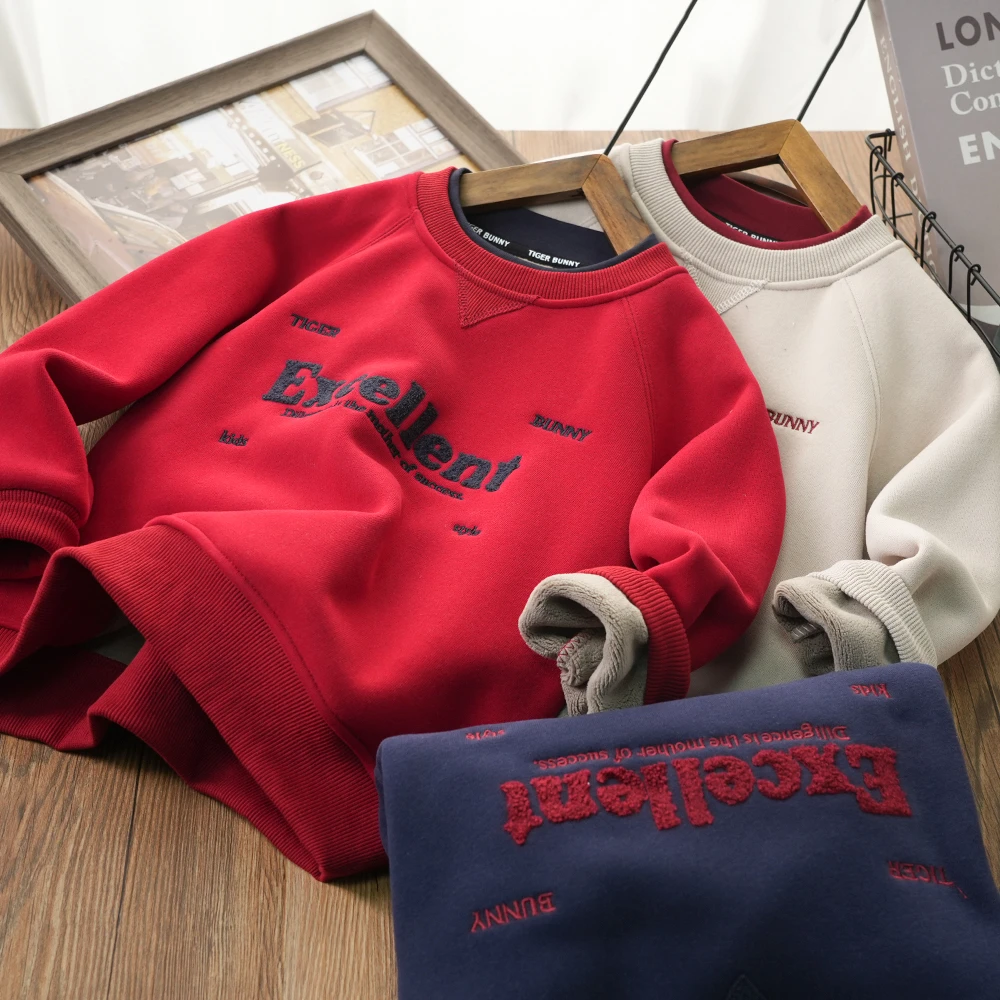 撸猫绒冬季款毛巾绣字母加绒卫衣儿童中大童圆领年款上衣4117