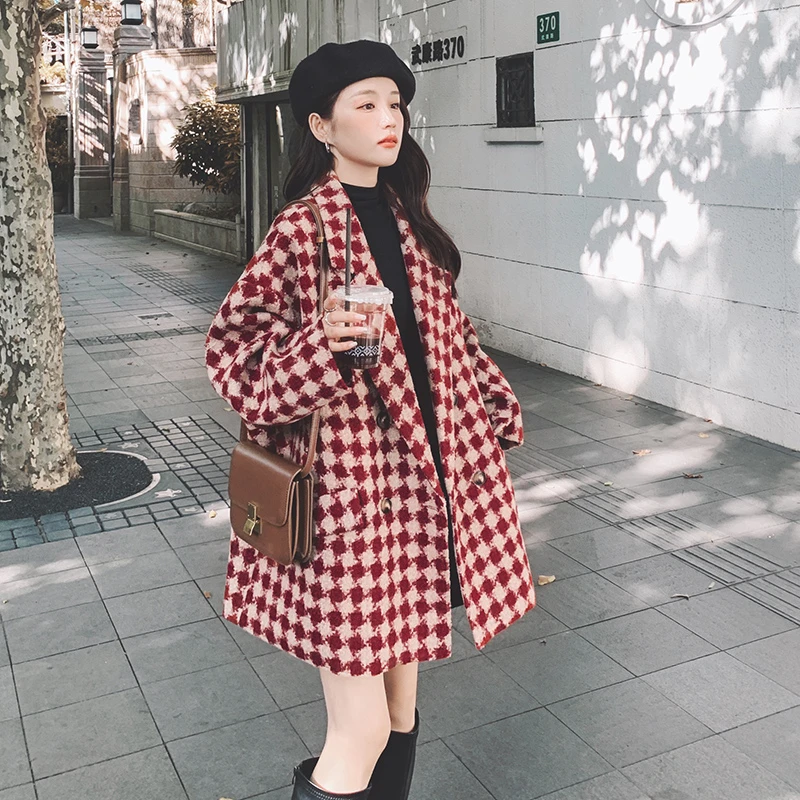 红色格纹毛呢外套女中长款秋冬季2025新款高级感赫本风加厚呢大衣