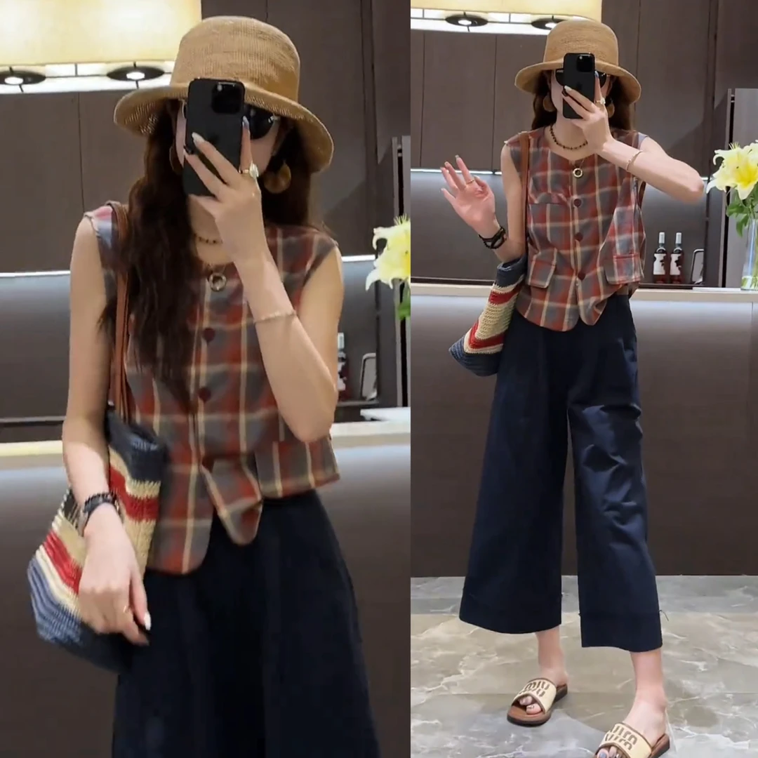 【全额运补】2025夏季圆领提花复古港风时尚拼接蕾丝背心9322