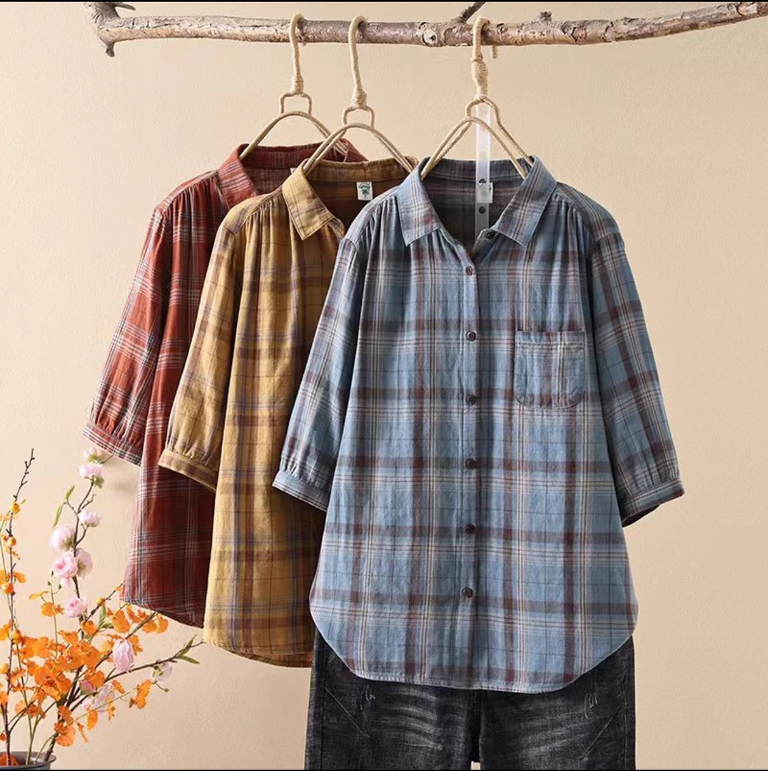 五分袖POLO领外套衬衣格纹夏季薄款衬衫宽松文艺休闲复古格子成人