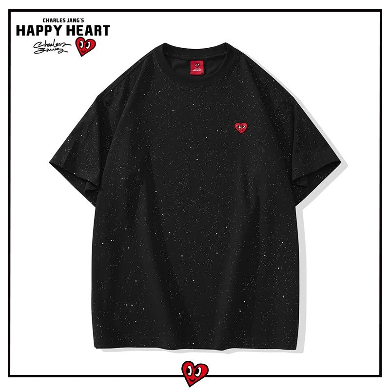 查尔斯桃心满天星圆领短袖男春夏季新款宽松百搭休闲情侣半袖上衣